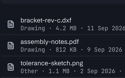 A part’s document list with drawings.