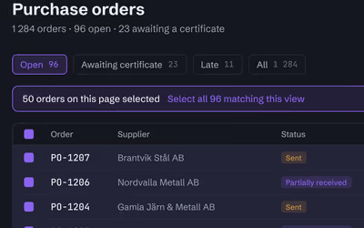 A list of purchase orders: supplier and status, with some partially received.