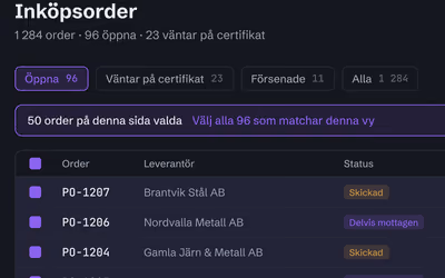 En lista med inköpsordrar: leverantör och status, med några delvis mottagna.