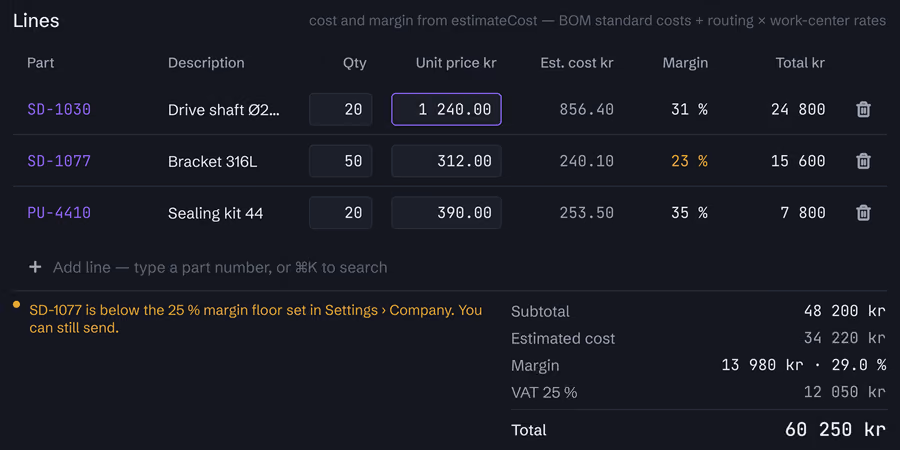 Quote lines with estimated cost and margin. One line has a margin warning before sending.